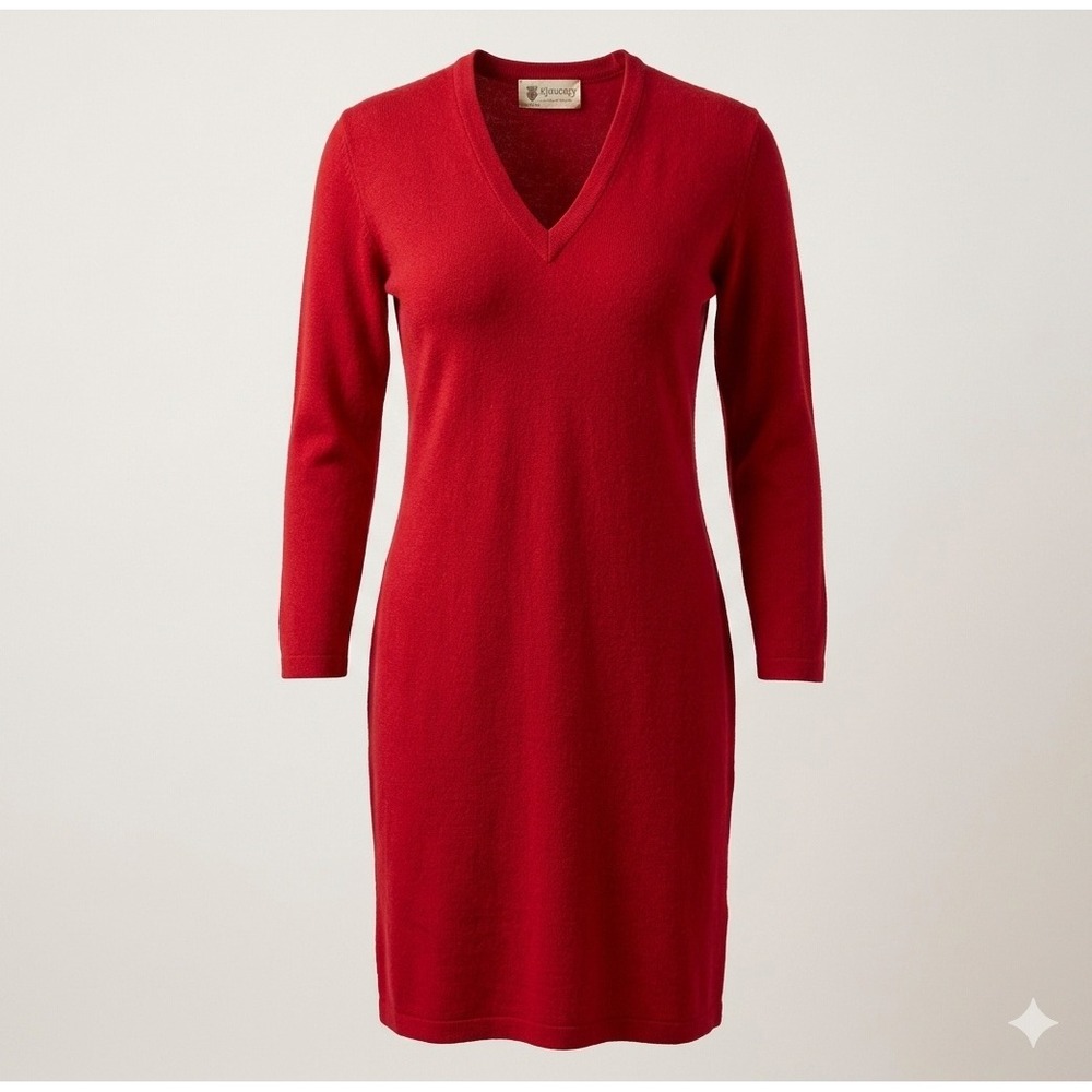Vintage Kimberly Red Wool V-Neck Knit Midi‎ Dress Union Made Long Sleeve Bodycon